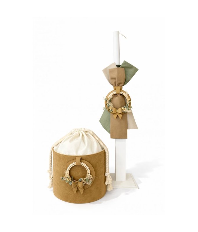 3117-3118 Σετ βάπτισης μπεζ λαδι στεφάνι χάντρες