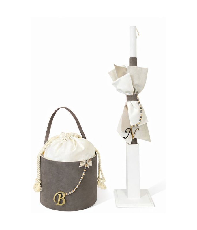 3099-3100 Σετ βάπτισης γκρι πουρο με χάντρες & μονογραμμα